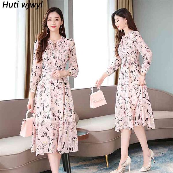 

femal vintage pink floral chiffon sweet midi dresses autumn winter long sleeve dress elegant women bodycon party vestidos 210528, Black;gray