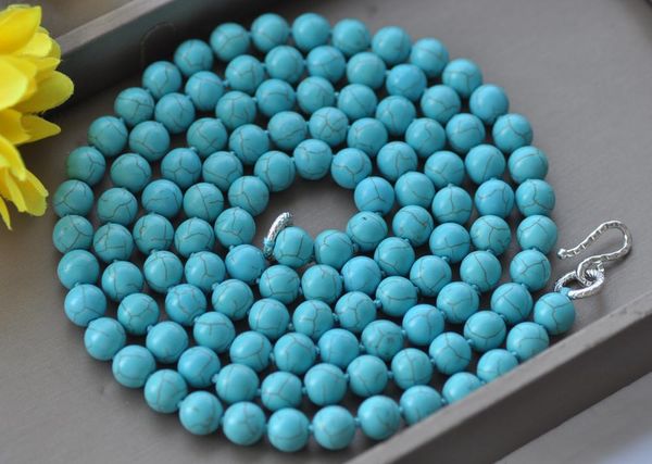 

chokers mctÂ·star z10735 50"-100" 10mm round blue turquoise bead necklace, Golden;silver