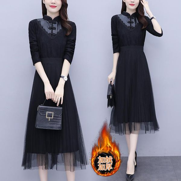

womens winter thermal plus size s-5xl dress keep warm cheongsam mesh xxl xxxl 3xl xxxxl 4xl slim casual party a-line swing dresses, Black;gray
