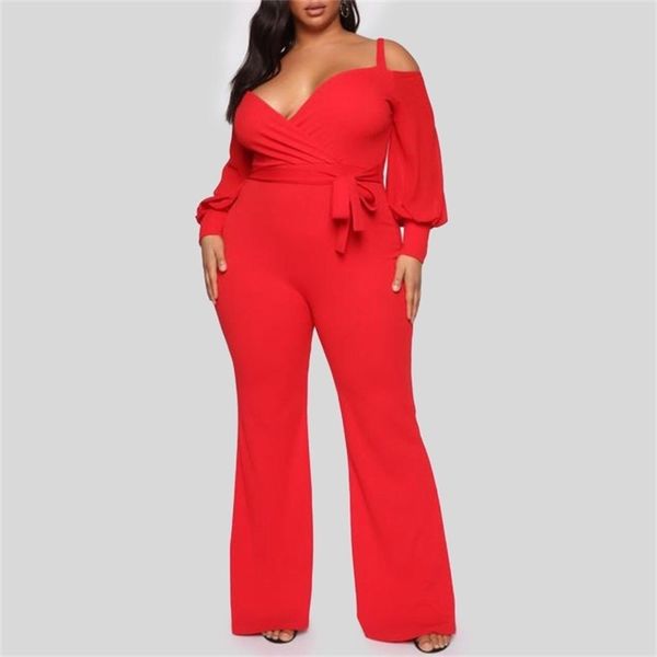 

summer jumpsuits red plus size 4xl 5xl cold shoulder high waist v neck elegant evening night party rompers & 210510, Black;white