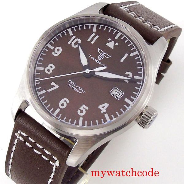 

wristwatches 39mm tandorio brand 24jewels nh35a automatic mens watch luminous marks leather strap black dial 200m waterproof, Slivery;brown