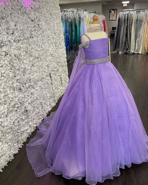 Vestido de concurso Little Miss para adolescentes juniores crianças 2022 com capa branca lilás organza longo infantil vestido de primeira comunhão cristais Stra297N