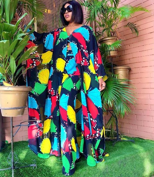 Этнические Одежда Летние Шифон Брюки Комплекты для африканских дам Напечатаны Свободный Batwing Рукав Мода Элегантная вечерняя вечеринка