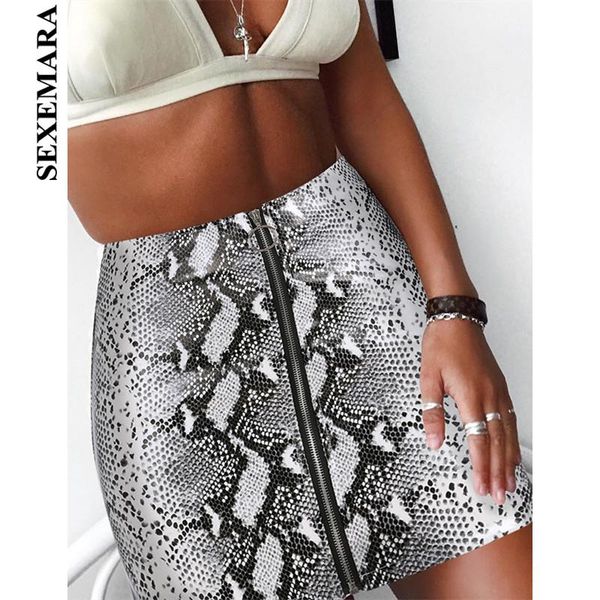 

skirts sexemara ring zipper snake print pu leather skirt winter high waist mini pencil women bodycon c77-az65, Black