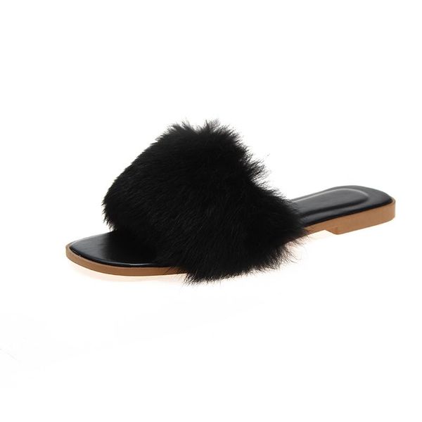 

slippers summer ladies colorful fur fluffy women's lovely plush real hair slides party furry flip flops sandals, Black