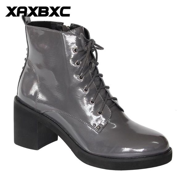 

retro british winter gray pu leather rivet lace-up short ankle boots warm women handmade casual lady shoes, Black
