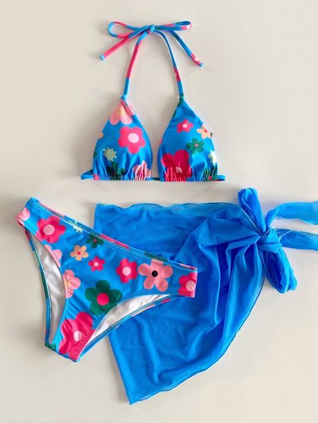 

3pack floral print triangle bikini swimsuit & beach skirt n9mb#, White;black