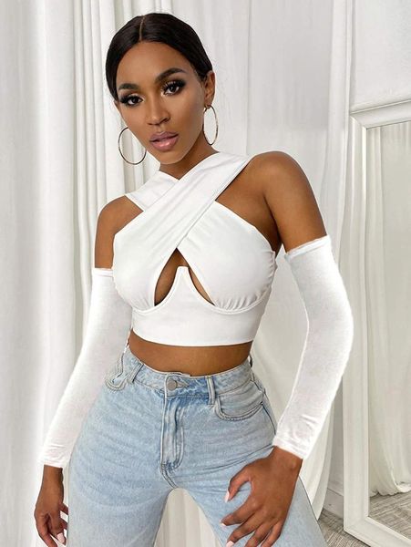 

women's t-shirt summer women\u2021s fashion solid color vest cross hollow exposed navel sleeveless with separate sleeves, White
