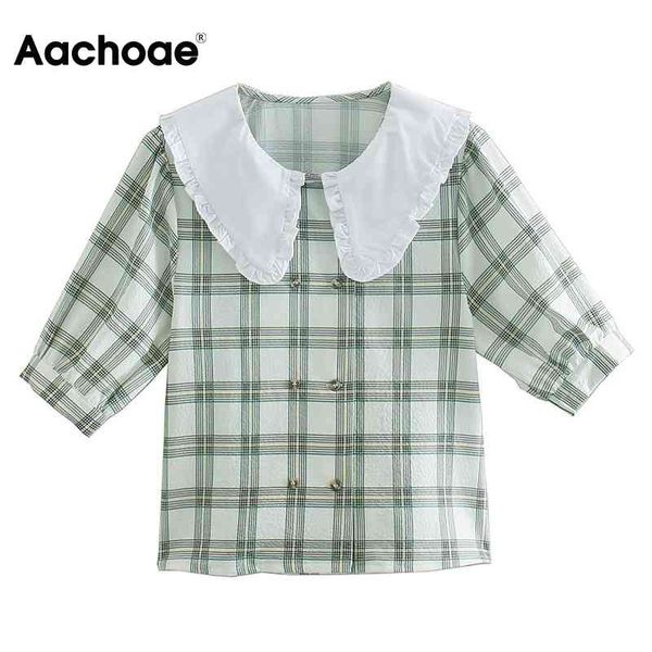 Frauen Blusen Süße Peter Pan Kragen Plaid Bluse Weibliche Kurzarm Casual Tunika Hemd Vintage Sommer Tops 210413