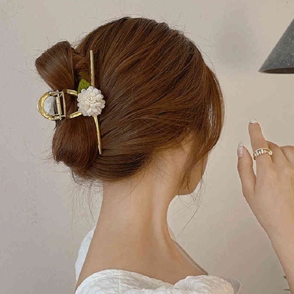 

hair accessories jewelry white flower green leaf shark clip large exquisite forest pin female summer back of head net red grab headdress, Golden;white