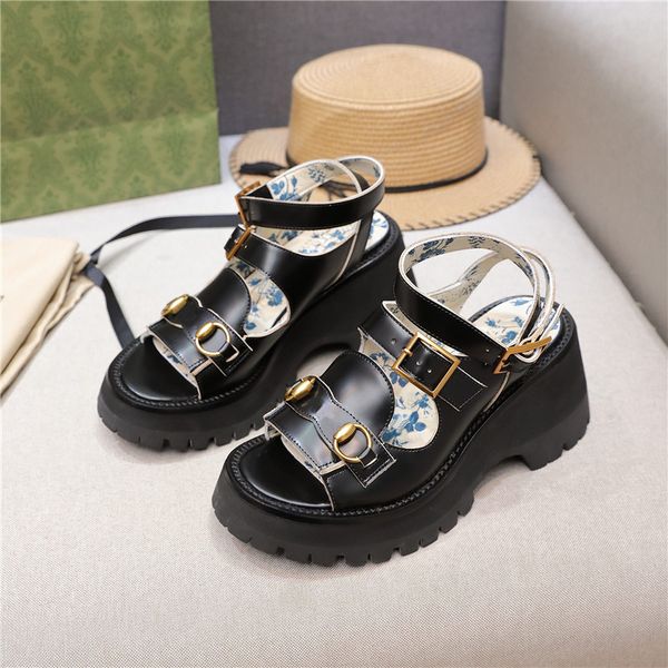 

women high heels thick bottom increased sandals fashion ladies slippers genuine leather shoes with box, Black