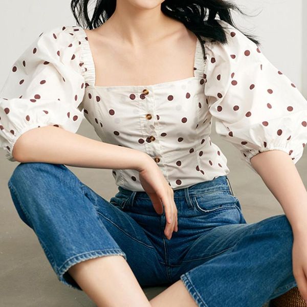 

women's blouses & shirts 2021 retro polka dot print women blouse spring summer ladies square collar puff sleeve waist slim shirt female, White