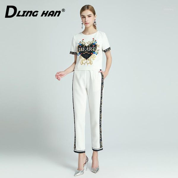 

women's tracksuits dlinghan fashion letter print casual set short sleeve beaded t-shirt + trousers two-piece designer spring, Gray
