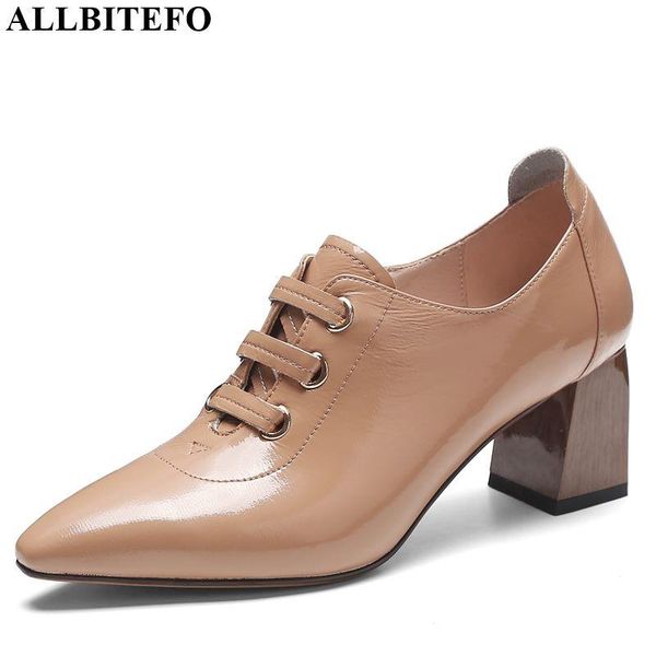 

dress shoes allbitefo brand genuine leather lace up square toe high heels leisure girl heel women, Black