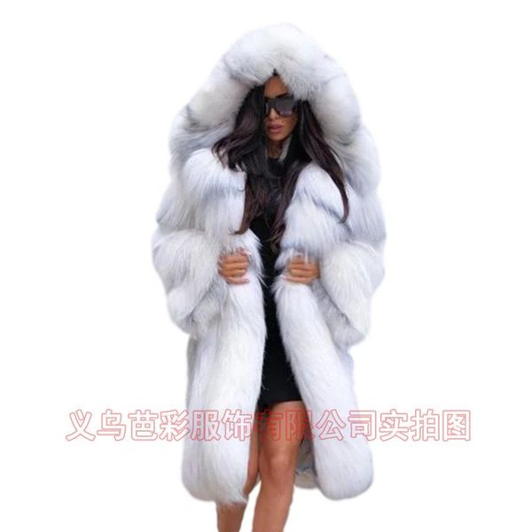 

women's fur & faux wepbel mid-length loose warm coat women long hooded leather, Black