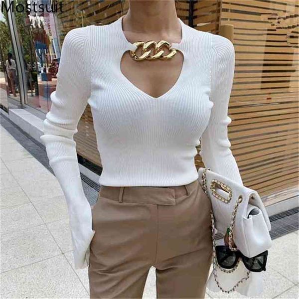 Goldkette gespleißt V-Ausschnitt Strickpullover Frauen Herbst koreanische Aufflackernhülse dünne stilvolle sexy elegante Pullover Jumper 210513