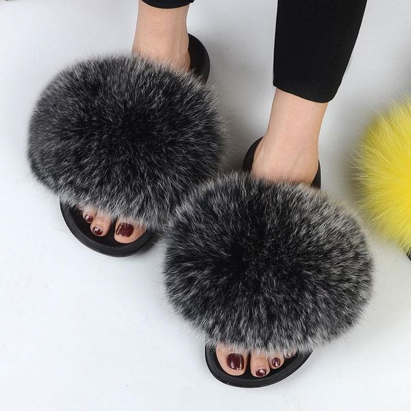 

solid real hair slides women summer casual fur slippers flat non-slip large size shoes woman, Black
