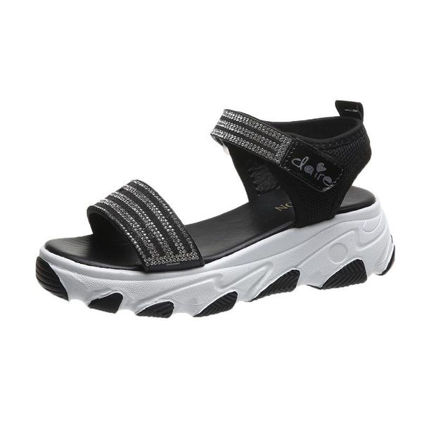 

sandals summer thick soled high rise women fish mouth fashion wear baita flat shoes diamond shining, Black