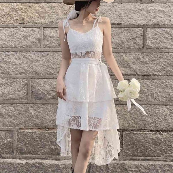 Moda Casual Summer Lace Dress Donna Spaghetti Strap Irregolare See Through White Sexy Long Beach Holiday Robes 210514