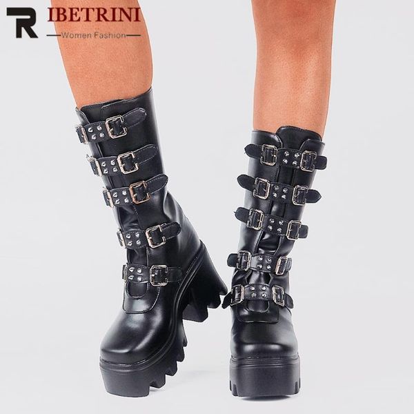 

boots 2021 fashion chunky heels for women ladies buckle rivet design punk goth girls female mid calf shoes winter summer, Black