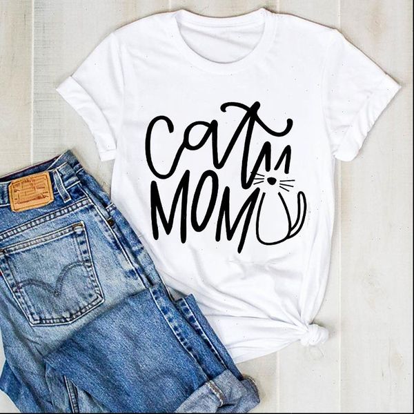 

womens women lady cartoon cat mom letters print cute fashion summer ladies t tee female clothes graphic shirt, White