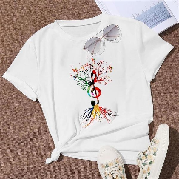 

aesthetic clothes colored note women tree summer y2k short sleeve grunge white crewneck harajuku