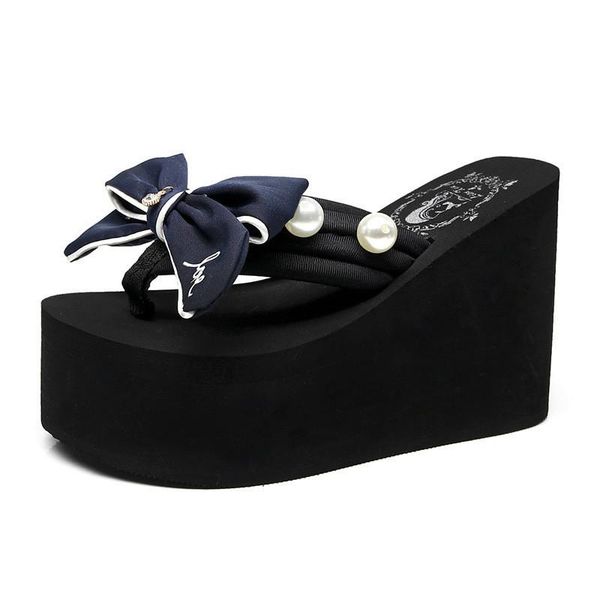 

slippers 2021 bowknot heeled flip flops women summer 11cm high heels wedge platform shoes sweet womens beach, Black