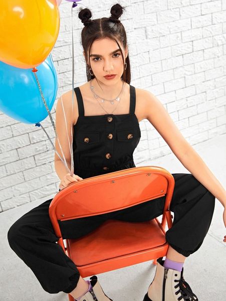 

button front flap pocket jumpsuit 75sd#, White