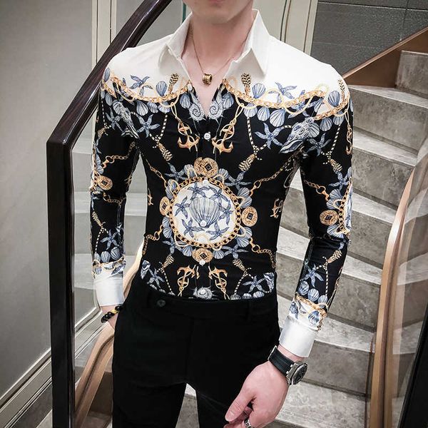 

spring men's shirt luxury designer print dress shirts british men long sleeve casual slim streetwear social camisa 3xl 210527, White;black