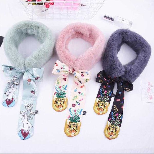 

fashion women luxury fur collar scarves korean cartoon animal print narrow neck scarves stitching imitation rabbit fur girl gift h0923, Silver