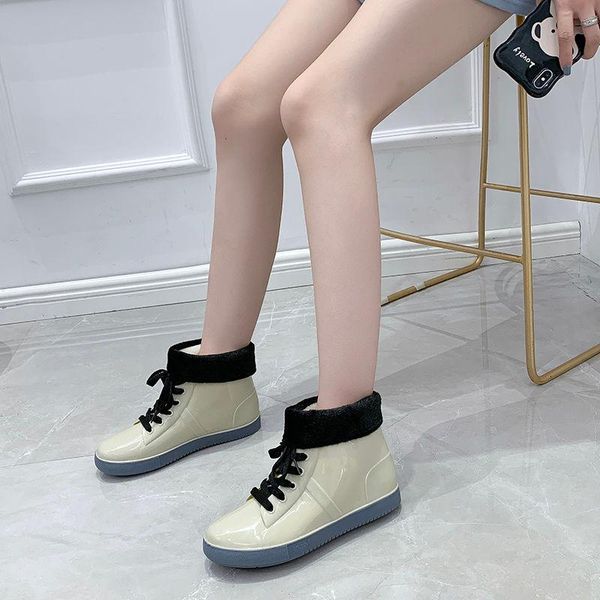 

boots women fashion jelly rain waterproof water short non-slip rubber shoes plus cotton warm sneakers, Black