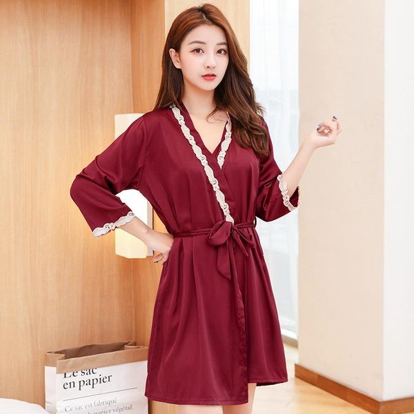 

women's sleepwear lingerie women nightwear casual intimate homewear comfortable robe set 2pcs nightgown ladies satin bathrobe, Black;red