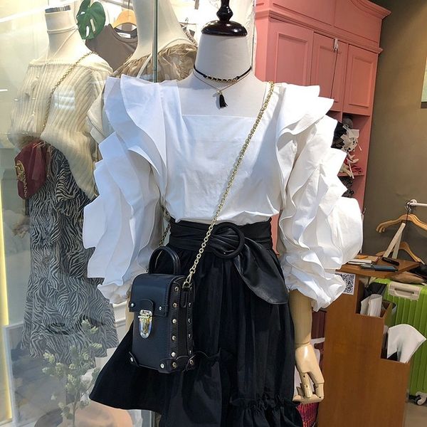

spring sweet layer ruffles puff sleeve square collar white blouse womens 210421