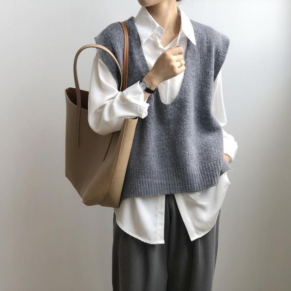 

women's vests spring knitted gray vest female v-neck casual loose fashion sleeveless black simple coffee high street clothing p904, Black;white