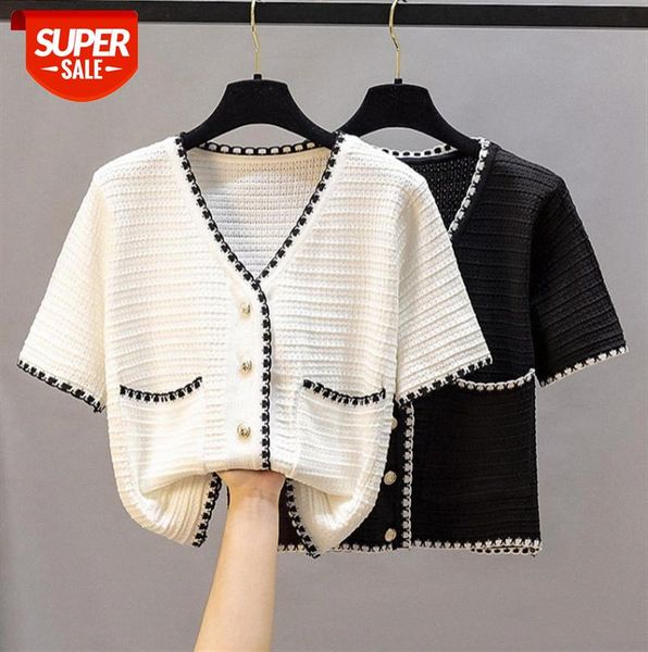 

xiaoxiangfeng women's summer short-sleeved white t-shirt cardigan jacket short v-neck ice silk sweater #u790, Black