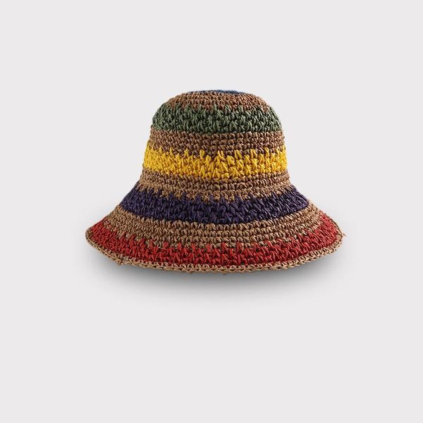 

wide brim hats 2021 the style joker colorful striped handmade straw hat foldable sun outdoor travel for girl and women 08, Blue;gray