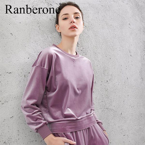 

ranberone velvet long sleeved sweatshirt women sports running pullover sportswear round neck jogging solid tracksuit yoga outfits, White;red