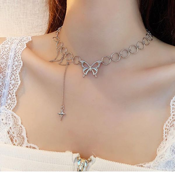 

chokers punk butterfly choker necklace for women gold silver color thick chain pendant statement jewelry chocker collier femme, Golden;silver
