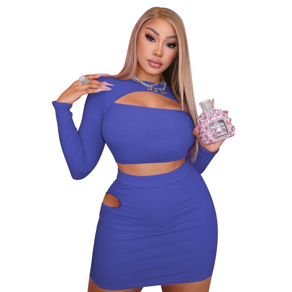 

2021 spring lady's hollow out solid two piece sets nightclub wear o-neck long sleeve short bodycon mini skirts outfits, White