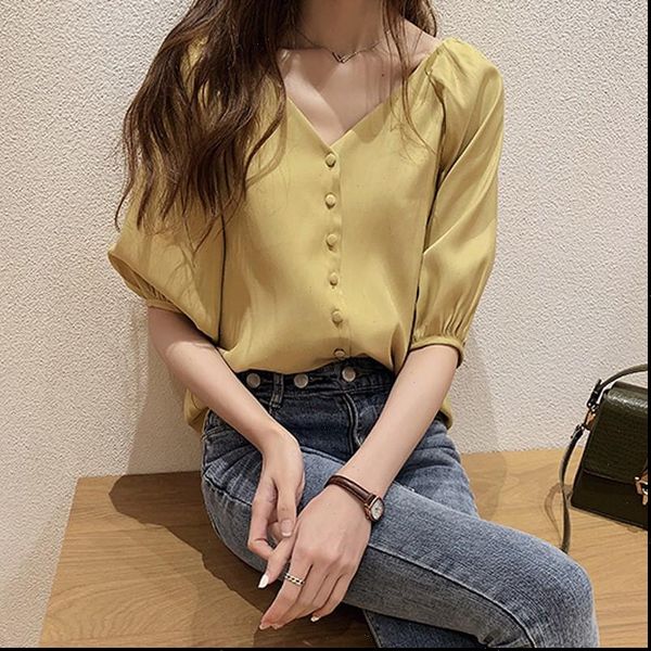 

fashion chiffon office long sleeve womens shirt v neck, White