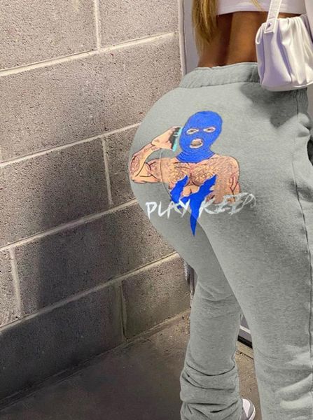 

cute cartoon print pleated womens jeans stacked ruched pants high waist party sweatpants active jogger trousers streetwear, Blue