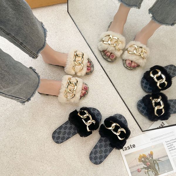 

designer shoes 2022 winter faux fur slippers indoor sandals woman flat floor sandalias furry female home lady sandales elastic, Black