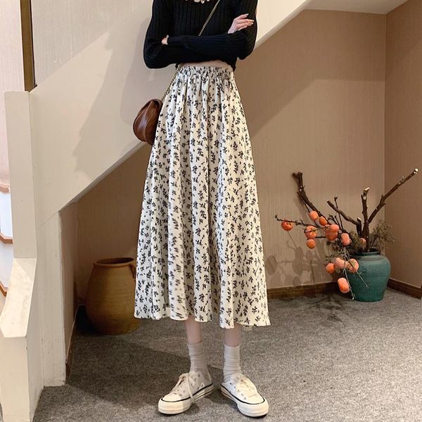 

skirts zoki women's floral skirt korean clothing chiffon casual a line wild high waist pleated spring summer fashion, Black