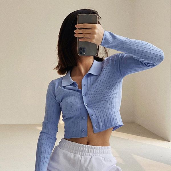 

women's knits & tees tvvovvin spring autumn hollow out knitted cardigan women long sleeve high waist short shirt 2021 ladies j4n3, White