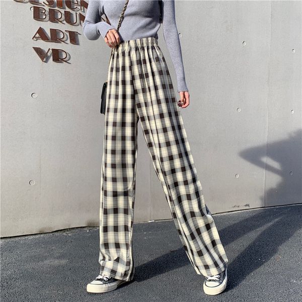 

korean plaid wide-leg pant straight loose high waist trousers ins female casual harajuku drop 210510, Black;white