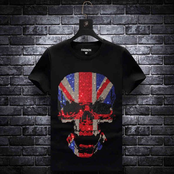 

fashion t shirt european 2021 summer short sleeve drilling men's trendy skull large round neck slim half top, White;black