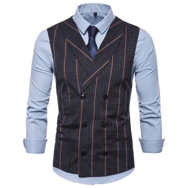 

men's vests mens suit vest slim fit 2021 casual shawl collar british style stripe double-breasted waistcoat, Black;white