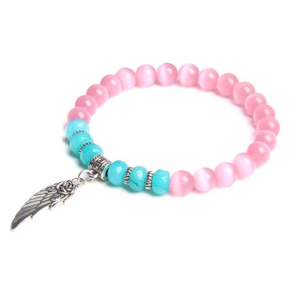 

beaded, strands angle wing bracelets women fashion accessory natural 8 mm shiny cat eye stone amazonite rondelle beads charm bangle men jewe, Black