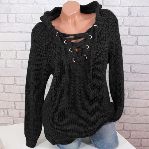 

women's sweaters 2022 spring autumn winter fashion oversized hodded knitting women solid long sleeve v-neck bandage vintage sweater, White;black