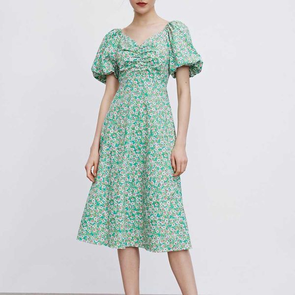 

women sundress summer fashion short sleeve v-neck tiny floral prints midi dress 210602, Black;gray